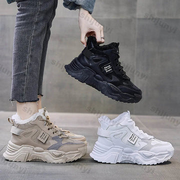 Xajzpa Fashion Platform Sneakers for Women Winter Thick Bottom Lace Up Walking Shoes Ladies Comfort Non Slip Sports Warm Cotton Shoes